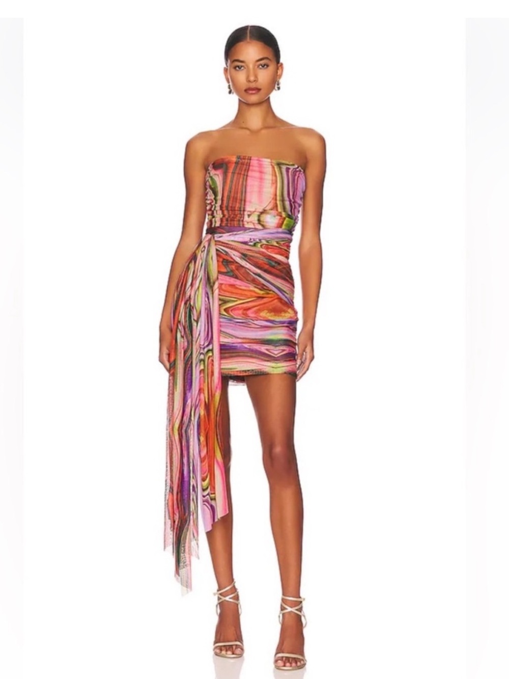 elliatt nala mulicolored striped boned mesh ruched mini strapless dress medium